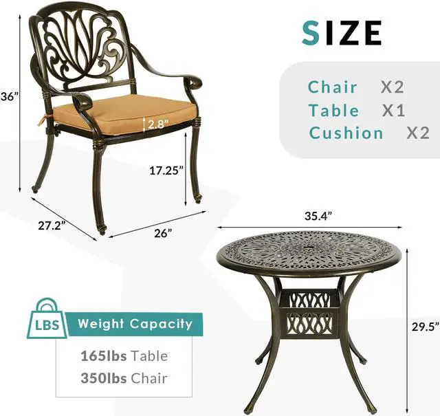 Alt view image 6 of 7 - MEETWARM 3 Piece Patio Bistro Set, Outdoor All-Weather Cast Aluminum Dining Furniture Set Includes 2 Cushioned Chairs and a 35.4 Round Table with Umbrella Hole for Garden Deck