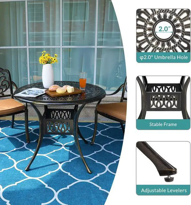 Alt view image 3 of 7 - MEETWARM 3 Piece Patio Bistro Set, Outdoor All-Weather Cast Aluminum Dining Furniture Set Includes 2 Cushioned Chairs and a 35.4 Round Table with Umbrella Hole for Garden Deck
