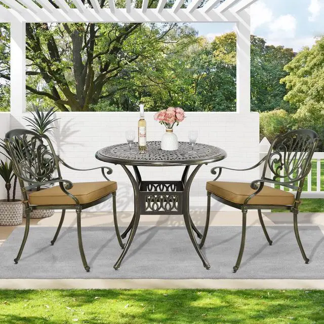 Alt view image 7 of 7 - MEETWARM 3 Piece Patio Bistro Set, Outdoor All-Weather Cast Aluminum Dining Furniture Set Includes 2 Cushioned Chairs and a 35.4 Round Table with Umbrella Hole for Garden Deck