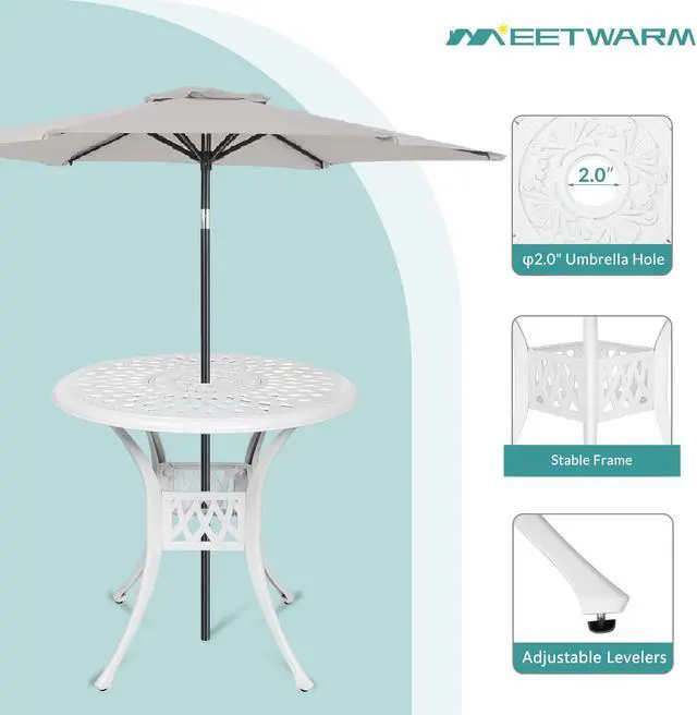 Alt view image 2 of 7 - MEETWARM 31" Round Patio Bistro Table, Outdoor Cast Aluminum Small Dinning Table with 2" Umbrella Hole, White