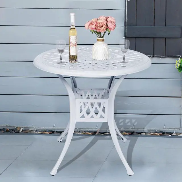Alt view image 7 of 7 - MEETWARM 31" Round Patio Bistro Table, Outdoor Cast Aluminum Small Dinning Table with 2" Umbrella Hole, White