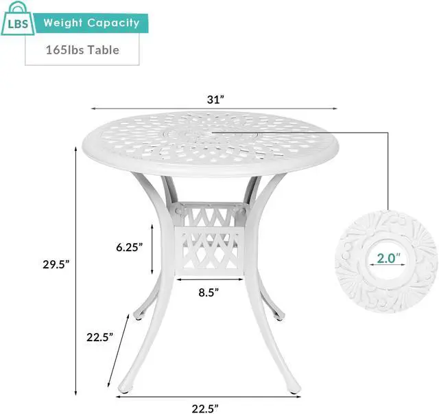 Alt view image 5 of 7 - MEETWARM 31" Round Patio Bistro Table, Outdoor Cast Aluminum Small Dinning Table with 2" Umbrella Hole, White