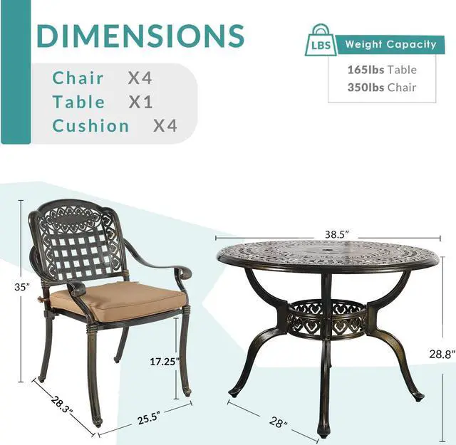 Alt view image 3 of 7 - MEETWARM 5 Piece Patio Dining Set, Outdoor All-Weather Cast Aluminum Dining Table Set, Patio Furniture Set for Backyard Garden Deck, Include 4 Chairs, 4 Cushions and 1 Round Table with Umbrella Hole
