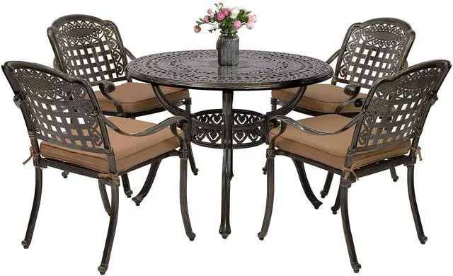 Alt view image 2 of 7 - MEETWARM 5 Piece Patio Dining Set, Outdoor All-Weather Cast Aluminum Dining Table Set, Patio Furniture Set for Backyard Garden Deck, Include 4 Chairs, 4 Cushions and 1 Round Table with Umbrella Hole