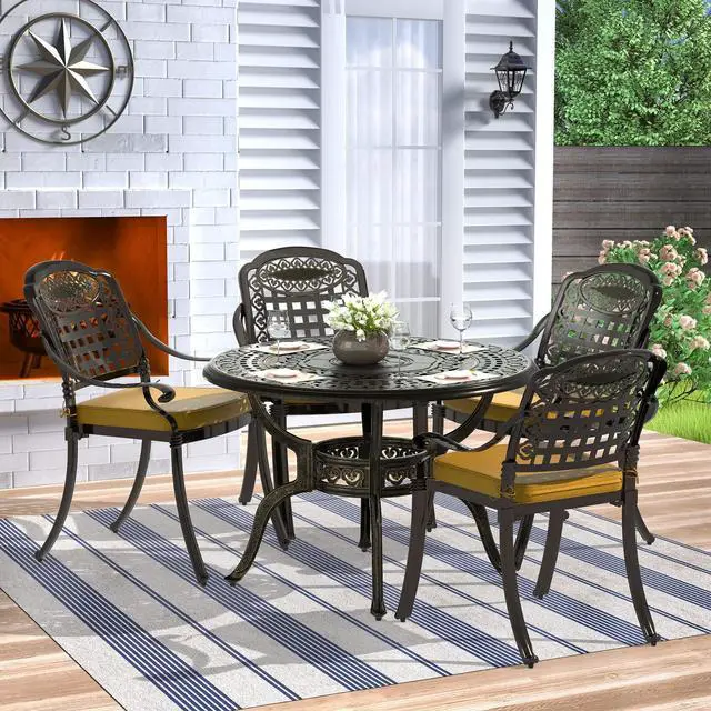 Main image of MEETWARM 5 Piece Patio Dining Set, Outdoor All-Weather Cast Aluminum Dining Table Set, Patio Furniture Set for Backyard Garden Deck, Include 4 Chairs, 4 Cushions and 1 Round Table with Umbrella Hole