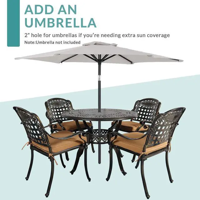 Alt view image 7 of 7 - MEETWARM 5 Piece Patio Dining Set, Outdoor All-Weather Cast Aluminum Dining Table Set, Patio Furniture Set for Backyard Garden Deck, Include 4 Chairs, 4 Cushions and 1 Round Table with Umbrella Hole