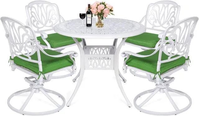 Main image of MEETWARM 5-Piece Outdoor Patio Dining Set, All-Weather Cast Aluminum Patio Conversation Set for Backyard Garden Deck with 4 Cushions Swivel Rocker Chairs and 35.4" Round Table, White