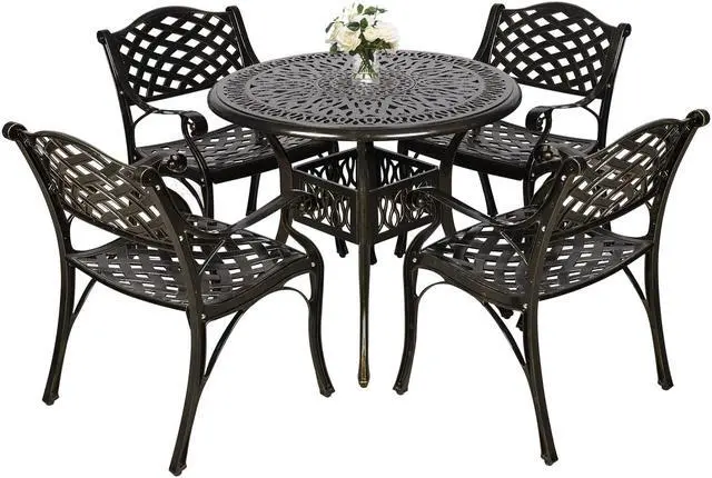 Main image of MEETWARM 5-Piece Outdoor Furniture Dining Set, All Weather Cast Aluminum Conversation Set Includes 4 Chairs and a 35.4" Round Table with 2" Umbrella Hole for Patio Garden Deck, Lattice Weave Design