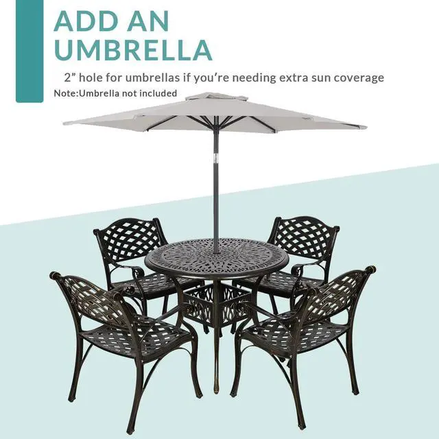 Alt view image 6 of 7 - MEETWARM 5-Piece Outdoor Furniture Dining Set, All Weather Cast Aluminum Conversation Set Includes 4 Chairs and a 35.4" Round Table with 2" Umbrella Hole for Patio Garden Deck, Lattice Weave Design