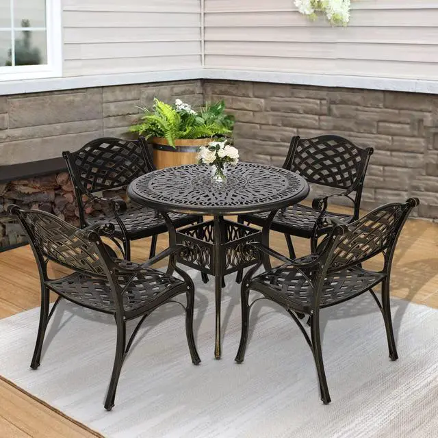 Alt view image 7 of 7 - MEETWARM 5-Piece Outdoor Furniture Dining Set, All Weather Cast Aluminum Conversation Set Includes 4 Chairs and a 35.4" Round Table with 2" Umbrella Hole for Patio Garden Deck, Lattice Weave Design
