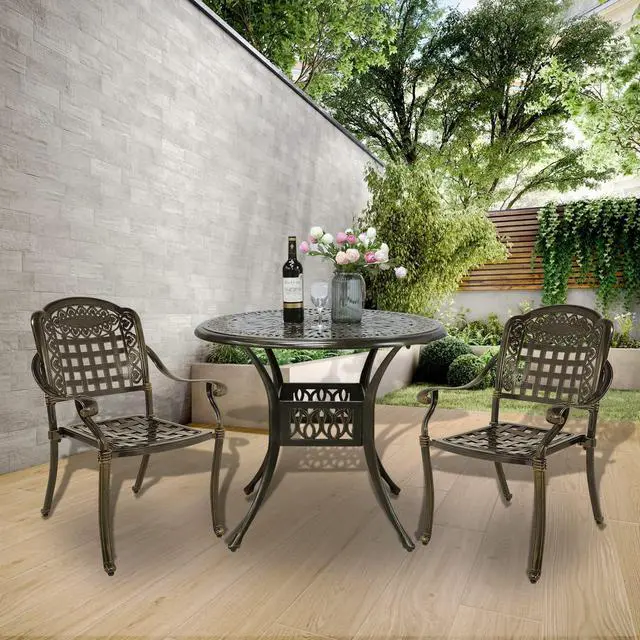 Alt view image 7 of 7 - MEETWARM 3 Piece Patio Bistro Set, Outdoor All-Weather Cast Aluminum Dining Furniture Set Includes 2 Chairs and a 35.4 Round Table with Umbrella Hole for Garden Deck
