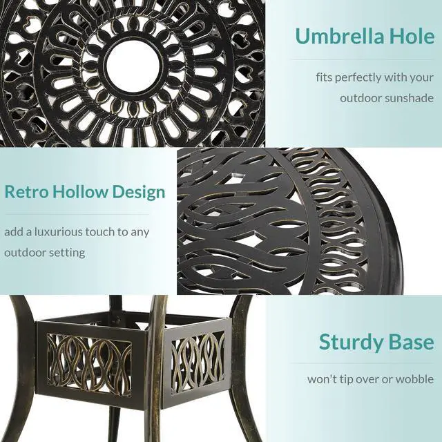 Alt view image 3 of 7 - MEETWARM 3 Piece Patio Bistro Set, Outdoor All-Weather Cast Aluminum Dining Furniture Set Includes 2 Chairs and a 35.4 Round Table with Umbrella Hole for Garden Deck