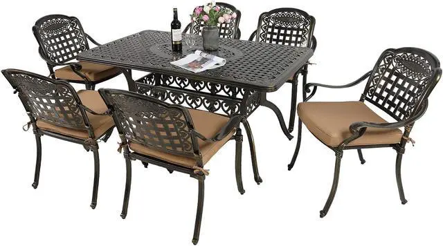 Main image of MEETWARM 7-Piece Outdoor Furniture Dining Set, All Weather Cast Aluminum Patio Garden Set with 6 Chairs, 6 Cushions, 1 Rectangular Table, 2" Umbrella Hole, Dark Bronze