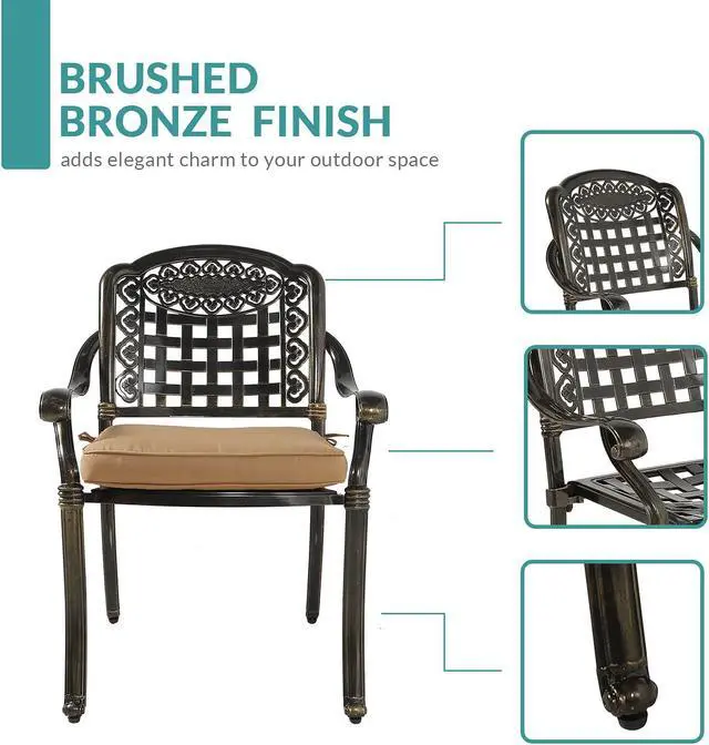 Alt view image 2 of 7 - MEETWARM 7-Piece Outdoor Furniture Dining Set, All Weather Cast Aluminum Patio Garden Set with 6 Chairs, 6 Cushions, 1 Rectangular Table, 2" Umbrella Hole, Dark Bronze