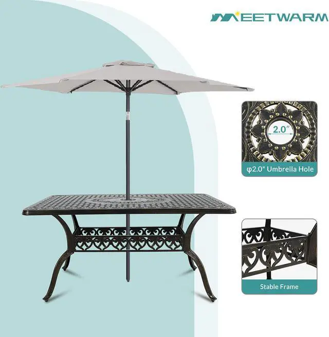 Alt view image 3 of 7 - MEETWARM 7-Piece Outdoor Furniture Dining Set, All Weather Cast Aluminum Patio Garden Set with 6 Chairs, 6 Cushions, 1 Rectangular Table, 2" Umbrella Hole, Dark Bronze