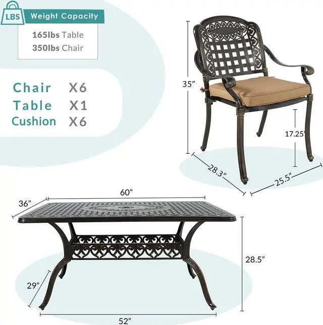 Alt view image 6 of 7 - MEETWARM 7-Piece Outdoor Furniture Dining Set, All Weather Cast Aluminum Patio Garden Set with 6 Chairs, 6 Cushions, 1 Rectangular Table, 2" Umbrella Hole, Dark Bronze