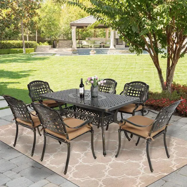 Alt view image 7 of 7 - MEETWARM 7-Piece Outdoor Furniture Dining Set, All Weather Cast Aluminum Patio Garden Set with 6 Chairs, 6 Cushions, 1 Rectangular Table, 2" Umbrella Hole, Dark Bronze