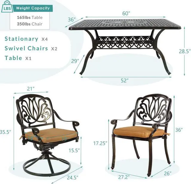 Alt view image 6 of 7 - MEETWARM 7-Piece Outdoor Patio Dining Set, All-Weather Cast Aluminum Patio Conversation Set with 2 Swivel Rocker Chairs, 4 Stationary, 1 Rectangular Table, 6 Cushions, 2" Umbrella Hole
