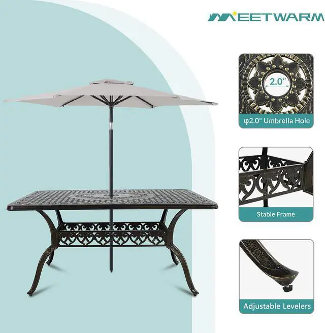 Alt view image 4 of 7 - MEETWARM 7-Piece Outdoor Patio Dining Set, All-Weather Cast Aluminum Patio Conversation Set with 2 Swivel Rocker Chairs, 4 Stationary, 1 Rectangular Table, 6 Cushions, 2" Umbrella Hole