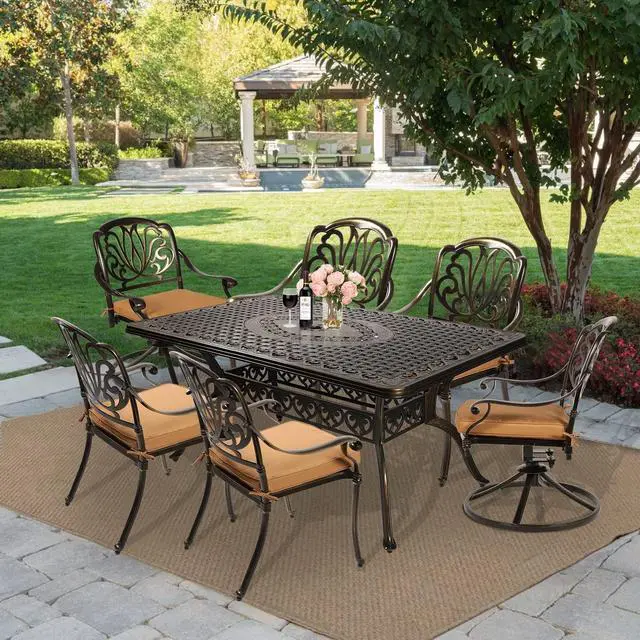 Alt view image 7 of 7 - MEETWARM 7-Piece Outdoor Patio Dining Set, All-Weather Cast Aluminum Patio Conversation Set with 2 Swivel Rocker Chairs, 4 Stationary, 1 Rectangular Table, 6 Cushions, 2" Umbrella Hole