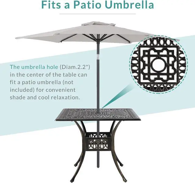 Alt view image 6 of 7 - MEETWARM 5-Piece Outdoor Patio Dining Set, All-Weather Cast Aluminum Patio Conversation Set for Backyard Garden Deck with 4 Cushions Swivel Rocker Chairs and 35.4" Square Table, 2.2" Umbrella Hole