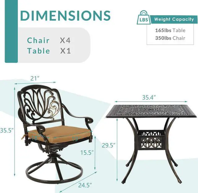 Alt view image 5 of 7 - MEETWARM 5-Piece Outdoor Patio Dining Set, All-Weather Cast Aluminum Patio Conversation Set for Backyard Garden Deck with 4 Cushions Swivel Rocker Chairs and 35.4" Square Table, 2.2" Umbrella Hole