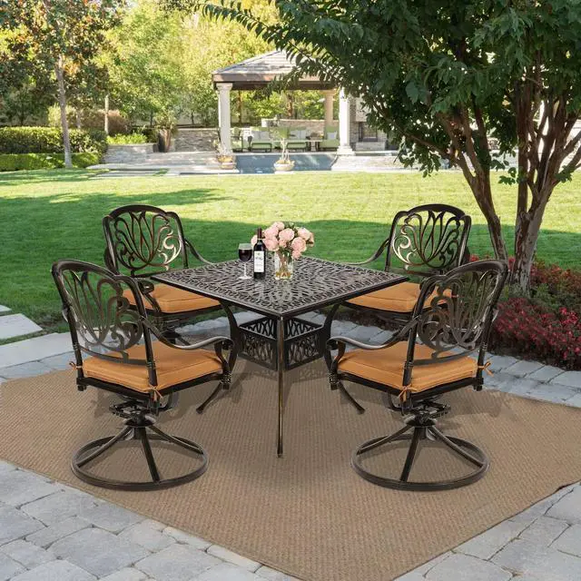 Alt view image 7 of 7 - MEETWARM 5-Piece Outdoor Patio Dining Set, All-Weather Cast Aluminum Patio Conversation Set for Backyard Garden Deck with 4 Cushions Swivel Rocker Chairs and 35.4" Square Table, 2.2" Umbrella Hole