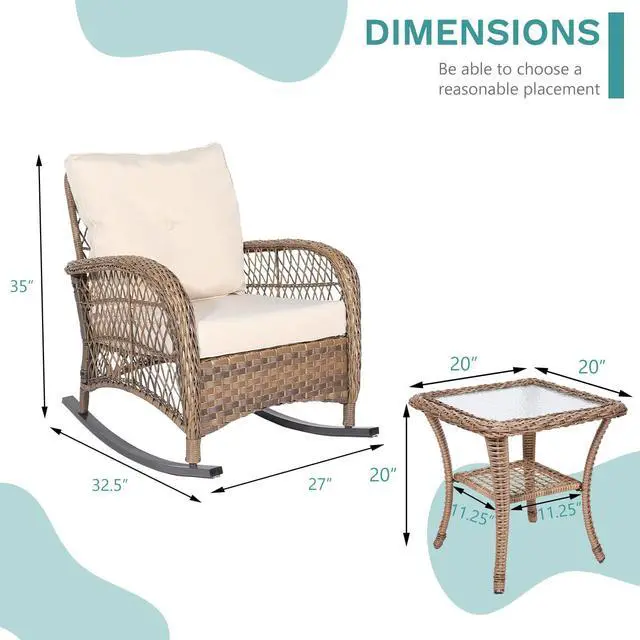 Alt view image 6 of 7 - MEETWARM 3 Pieces Outdoor Wicker Rocking Chair Set, Rattan Patio Rocker Chairs Set with Cushions and Glass-Top Coffee Table, Conversation Bistro Set for Porch & Backyard - Beige