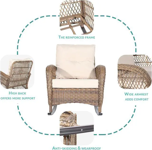 Alt view image 2 of 7 - MEETWARM 3 Pieces Outdoor Wicker Rocking Chair Set, Rattan Patio Rocker Chairs Set with Cushions and Glass-Top Coffee Table, Conversation Bistro Set for Porch & Backyard - Beige