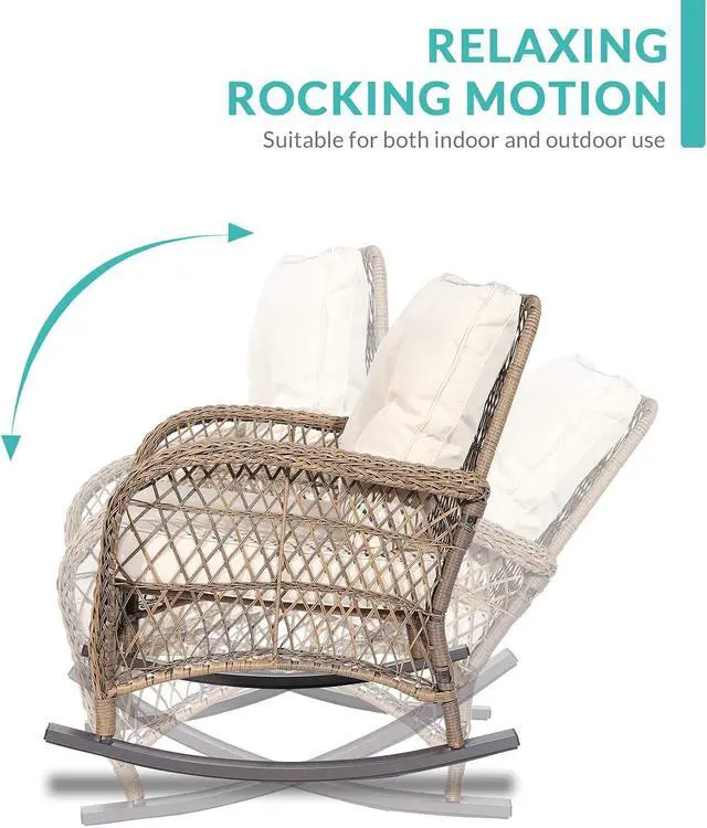 Alt view image 3 of 7 - MEETWARM 3 Pieces Outdoor Wicker Rocking Chair Set, Rattan Patio Rocker Chairs Set with Cushions and Glass-Top Coffee Table, Conversation Bistro Set for Porch & Backyard - Beige