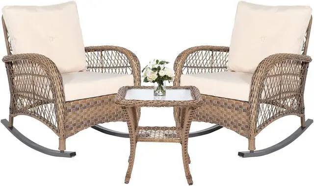 Main image of MEETWARM 3 Pieces Outdoor Wicker Rocking Chair Set, Rattan Patio Rocker Chairs Set with Cushions and Glass-Top Coffee Table, Conversation Bistro Set for Porch & Backyard - Beige