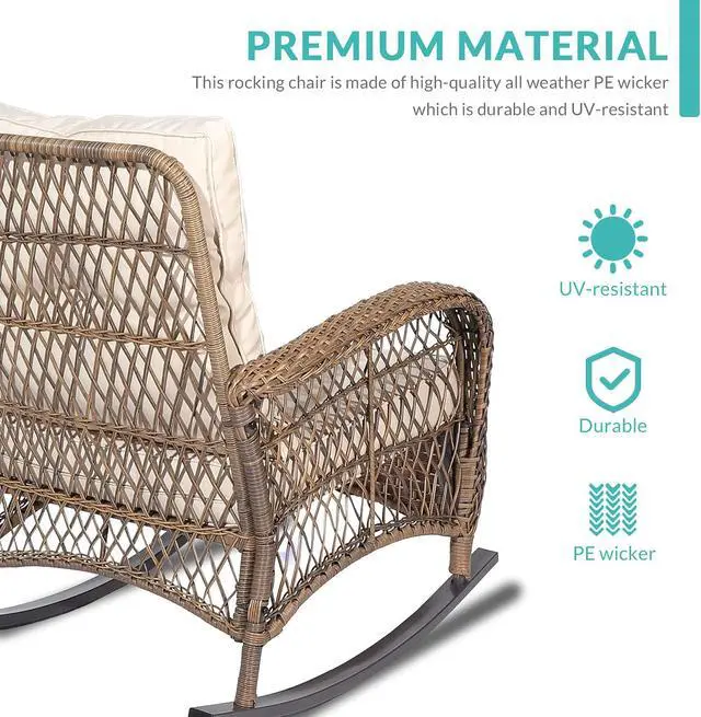 Alt view image 4 of 7 - MEETWARM 3 Pieces Outdoor Wicker Rocking Chair Set, Rattan Patio Rocker Chairs Set with Cushions and Glass-Top Coffee Table, Conversation Bistro Set for Porch & Backyard - Beige
