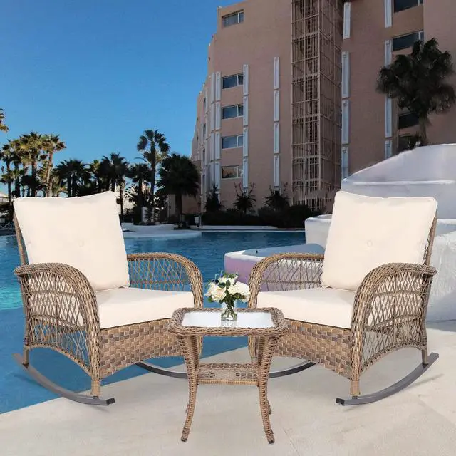 Alt view image 7 of 7 - MEETWARM 3 Pieces Outdoor Wicker Rocking Chair Set, Rattan Patio Rocker Chairs Set with Cushions and Glass-Top Coffee Table, Conversation Bistro Set for Porch & Backyard - Beige