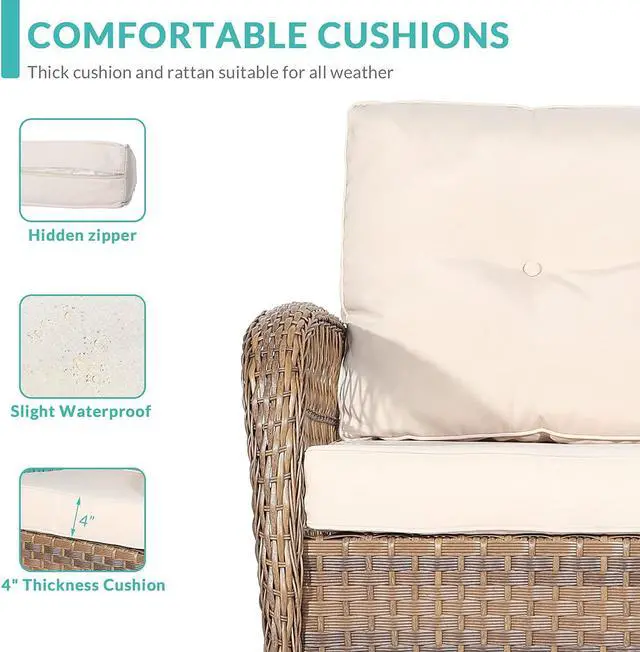 Alt view image 3 of 7 - MEETWARM Outdoor Wicker Patio Rocking Chair Cushioned Rattan Rocker Chair for Porch, Deck, Poolside with Steel Frame, Weather-Resistant Beige Cushions, Set of 2