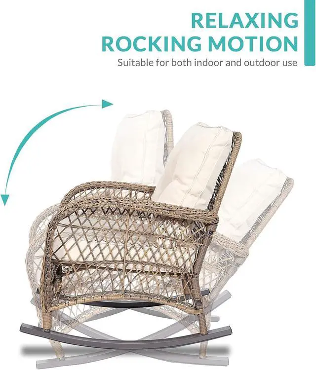 Alt view image 2 of 7 - MEETWARM Outdoor Wicker Patio Rocking Chair Cushioned Rattan Rocker Chair for Porch, Deck, Poolside with Steel Frame, Weather-Resistant Beige Cushions, Set of 2