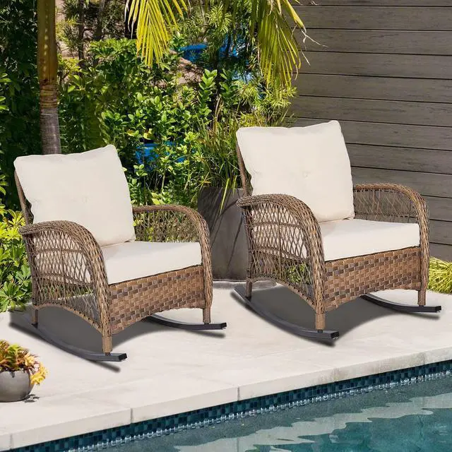 Main image of MEETWARM Outdoor Wicker Patio Rocking Chair Cushioned Rattan Rocker Chair for Porch, Deck, Poolside with Steel Frame, Weather-Resistant Beige Cushions, Set of 2