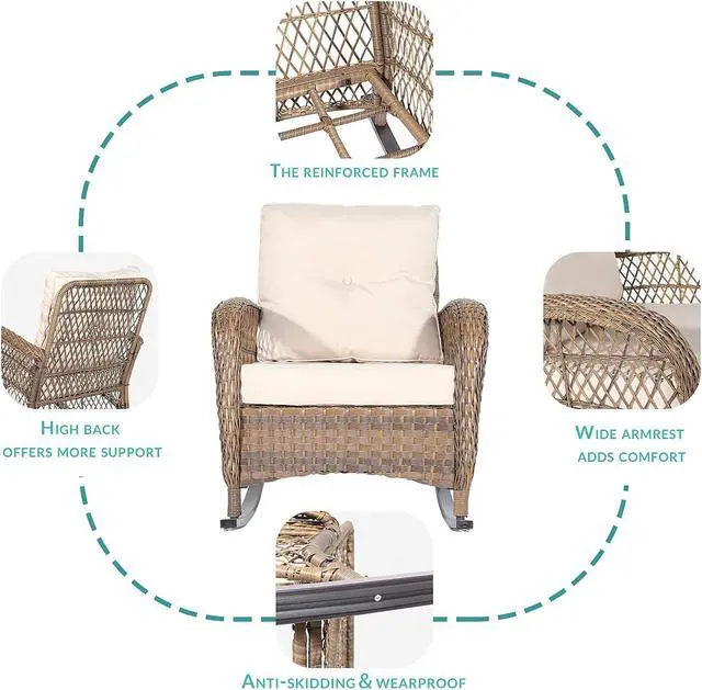 Alt view image 5 of 7 - MEETWARM Outdoor Wicker Patio Rocking Chair Cushioned Rattan Rocker Chair for Porch, Deck, Poolside with Steel Frame, Weather-Resistant Beige Cushions, Set of 2