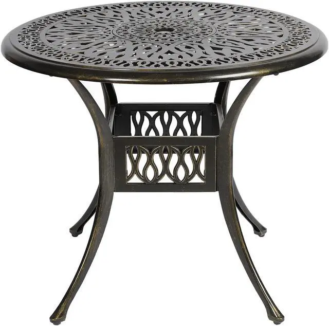 Main image of MEETWARM 35.4" Round Patio Dinning Table, Outdoor Cast Aluminum Dinning Table with 2" Umbrella Hole, Dark Bronze