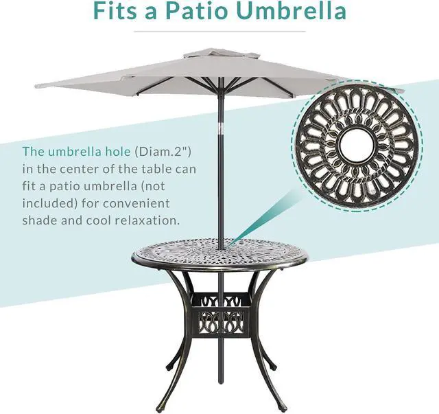 Alt view image 4 of 7 - MEETWARM 35.4" Round Patio Dinning Table, Outdoor Cast Aluminum Dinning Table with 2" Umbrella Hole, Dark Bronze
