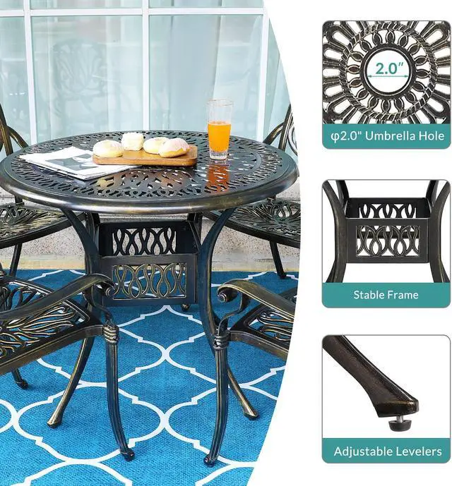 Alt view image 2 of 7 - MEETWARM 35.4" Round Patio Dinning Table, Outdoor Cast Aluminum Dinning Table with 2" Umbrella Hole, Dark Bronze