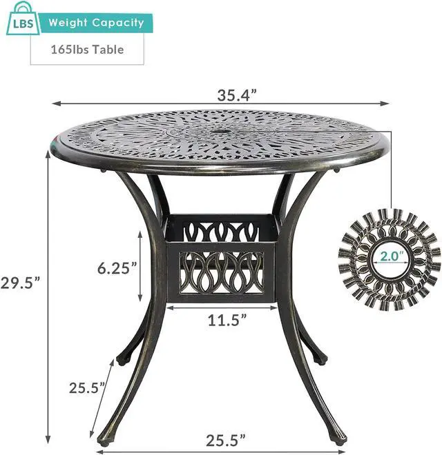 Alt view image 6 of 7 - MEETWARM 35.4" Round Patio Dinning Table, Outdoor Cast Aluminum Dinning Table with 2" Umbrella Hole, Dark Bronze