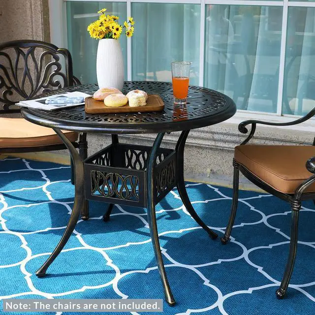 Alt view image 7 of 7 - MEETWARM 35.4" Round Patio Dinning Table, Outdoor Cast Aluminum Dinning Table with 2" Umbrella Hole, Dark Bronze