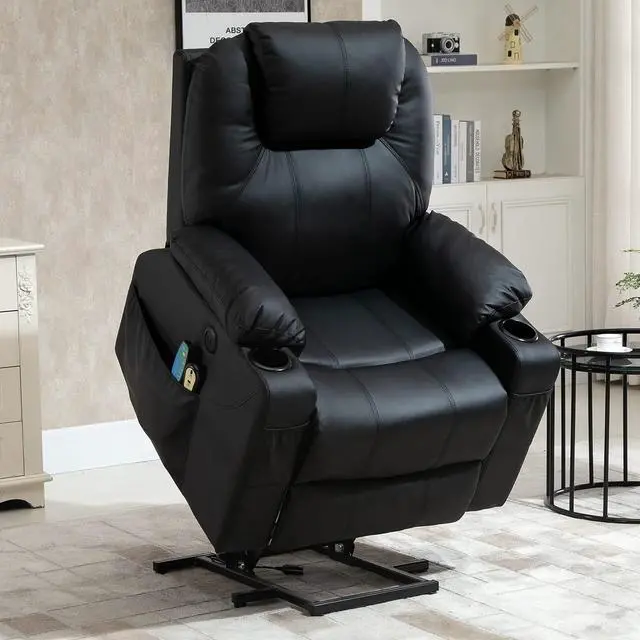 Main image of MEETWARM Power Lift Chair Electric Recliner for Elderly Heated Vibration Massage Faux Leather Recliner Chair with 2 Remote Controls, USB Ports, Cup Holders & Side Pockets for Living Room (Black)