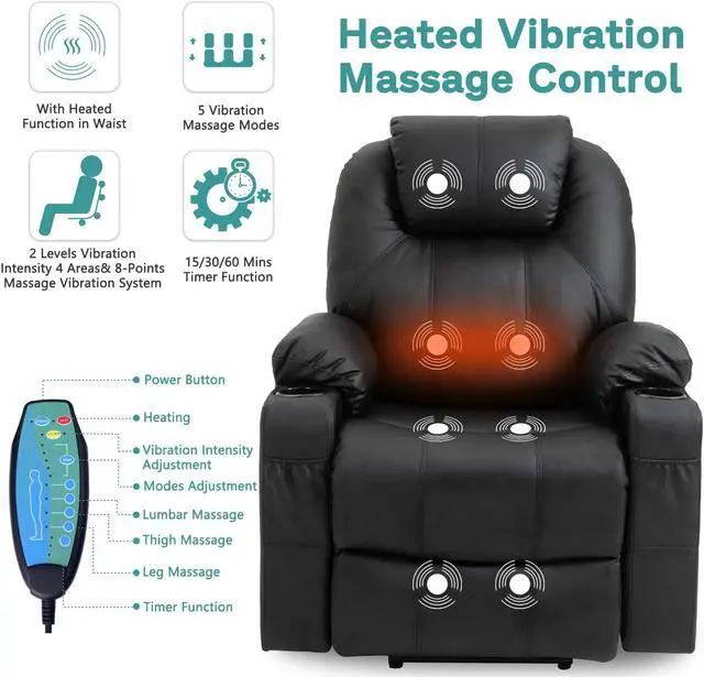 Alt view image 2 of 7 - MEETWARM Power Lift Chair Electric Recliner for Elderly Heated Vibration Massage Faux Leather Recliner Chair with 2 Remote Controls, USB Ports, Cup Holders & Side Pockets for Living Room (Black)