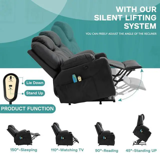 Alt view image 6 of 7 - MEETWARM Power Lift Chair Electric Recliner for Elderly Heated Vibration Massage Faux Leather Recliner Chair with 2 Remote Controls, USB Ports, Cup Holders & Side Pockets for Living Room (Black)