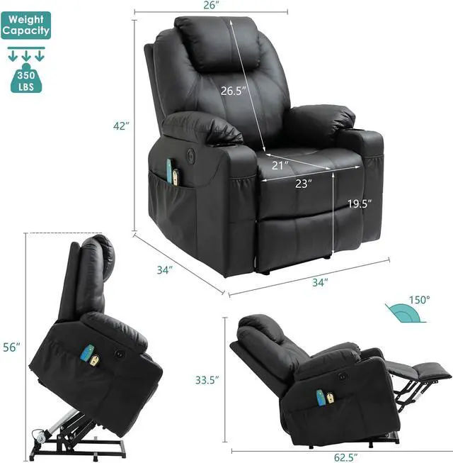 Alt view image 5 of 7 - MEETWARM Power Lift Chair Electric Recliner for Elderly Heated Vibration Massage Faux Leather Recliner Chair with 2 Remote Controls, USB Ports, Cup Holders & Side Pockets for Living Room (Black)