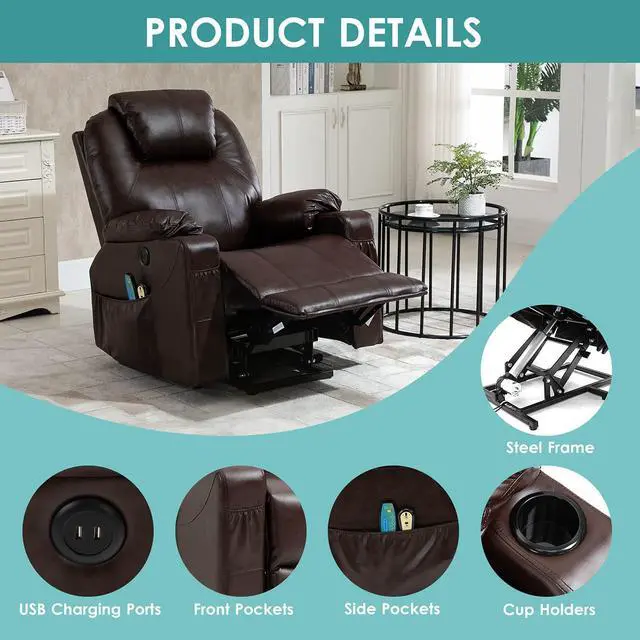 Alt view image 4 of 7 - MEETWARM Power Lift Chair Electric Recliner for Elderly Heated Vibration Massage Faux Leather Recliner Chair with 2 Remote Controls, USB Ports, Cup Holders & Side Pockets for Living Room (Brown)