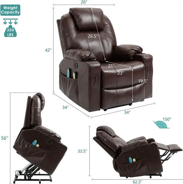 Alt view image 5 of 7 - MEETWARM Power Lift Chair Electric Recliner for Elderly Heated Vibration Massage Faux Leather Recliner Chair with 2 Remote Controls, USB Ports, Cup Holders & Side Pockets for Living Room (Brown)