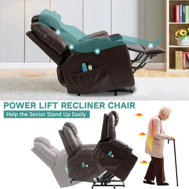 Alt view image 3 of 7 - MEETWARM Power Lift Chair Electric Recliner for Elderly Heated Vibration Massage Faux Leather Recliner Chair with 2 Remote Controls, USB Ports, Cup Holders & Side Pockets for Living Room (Brown)