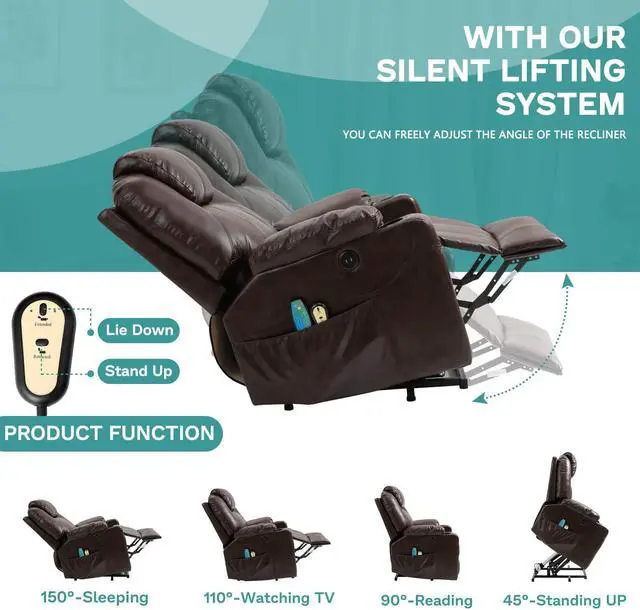 Alt view image 6 of 7 - MEETWARM Power Lift Chair Electric Recliner for Elderly Heated Vibration Massage Faux Leather Recliner Chair with 2 Remote Controls, USB Ports, Cup Holders & Side Pockets for Living Room (Brown)